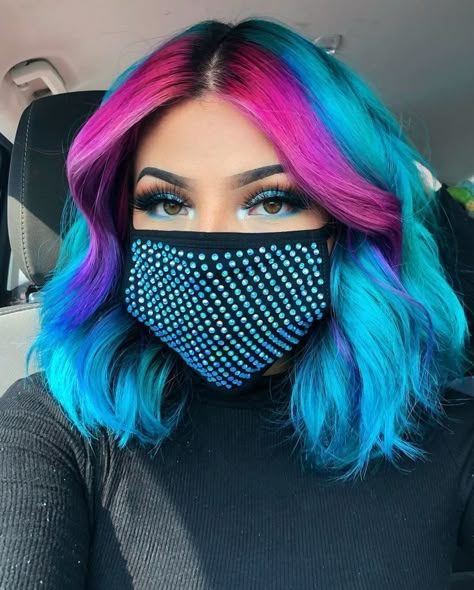 Vivid Hair Color Split Dye, Fantasy Hair Color For Cool Skin Tone, Blue Split Dye Hair, Split Dye Hair Ideas, Crazy Colour Hair Dye, Pride Hair, Blue And Pink Hair, Unicorn Hair Color, Split Dyed Hair