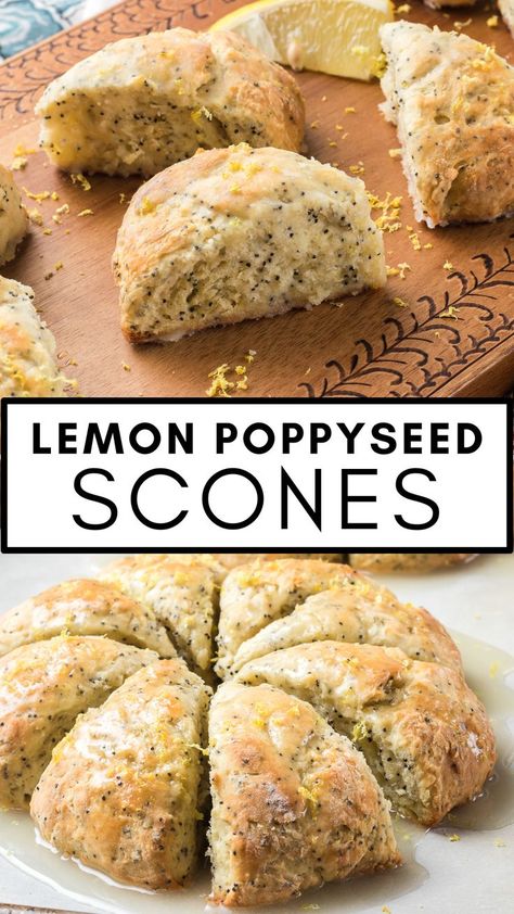 Easy Lemon Poppy Seed Scones are soft, moist scones filled with poppy seeds and freshly grated lemon zest, drizzled with a delicious lemon glaze. This classic scone recipe with bright lemon flavors pairs perfectly with your morning coffee, afternoon tea, and is a wonderful addition to a brunch menu or Sunday breakfast. Lemon Poppyseed Scones, Classic Scones, Lemon Poppy Seed Scones, Lemon Scones, Gf Baking, Cream Scones, Lemon Poppy Seed, Biscotti Recipe, Lemon Poppy