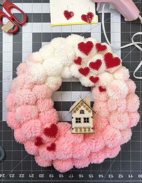 A Thousand Phases: DIY Ombre Valentine Pompom Wreath Pom Pom Valentine Craft, Heart Pompom Diy, Pom Pom Heart Wreath, Pom Pom Wreath Hobbycraft, Pom Pom Wreath Valentines Day, Valentine Wreath Craft, Pom Crafts, Corsage Pins, Diy Ombre