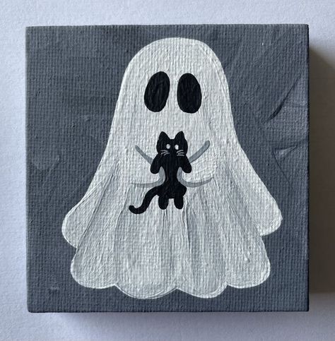 Painting With 3 Colors, Some Paintings For Beginners, Ghosts Doing Things Drawing, Halloween Painting Inspo Easy, Canava Paintings Ideas, Paint Night Ideas Halloween, Halloween Drawing Ideas Cute, Halloween Painting On Black Canvas, Halloween Cat Painting Easy