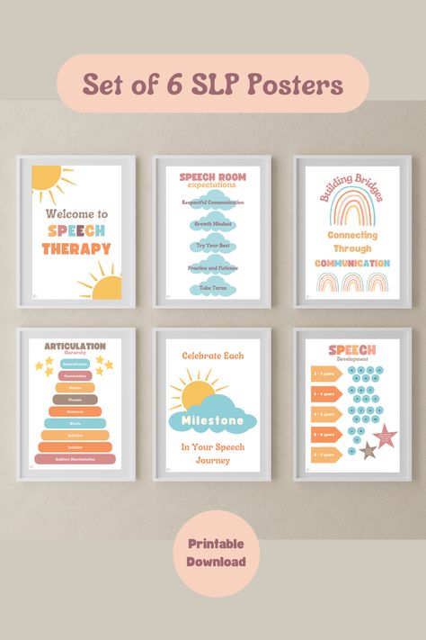 Do you need some beautiful and informative posters to brighten up your SLP office? Then this Speech Therapy 6 Poster Bundle is for you!

It includes the perfect mix of educational and aesthetic. The posters include the following:
1. Welcome to Speech Therapy
2. Speech Room Expectations
3. Articulation Hierarchy
4. Speech Development Norms
5. "Celebrate each Milestone in Your Speech Journey" sign
6. "Building Bridges: Connecting Through Communication" sign Speech Therapy Decorations, Speech Therapy Room Decorations Ideas, Speech Therapist Aesthetic, Speech Therapy Aesthetic, Speech Pathology Aesthetic, Slp Posters, Slp Room Decor, Speech Therapy Clinic, Welcome To Speech