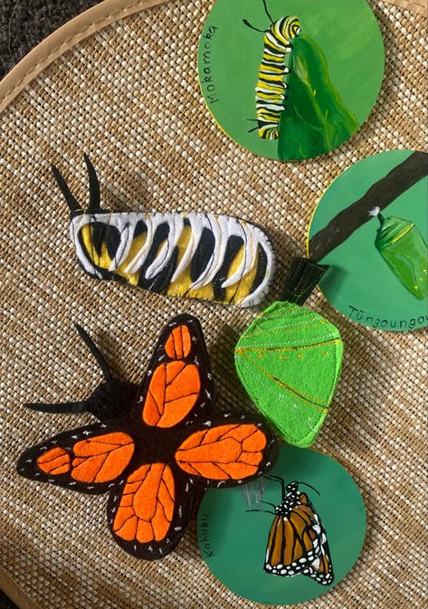 Me made! Felt finger puppet, lifecycle of a monarch butterfly #preschool Felt Monarch Butterfly, Butterfly Preschool, Butterfly Lifecycle, Finger Puppet Patterns, Felt Finger Puppets, Puppet Patterns, Finger Puppet, Felt Board, Quiet Books