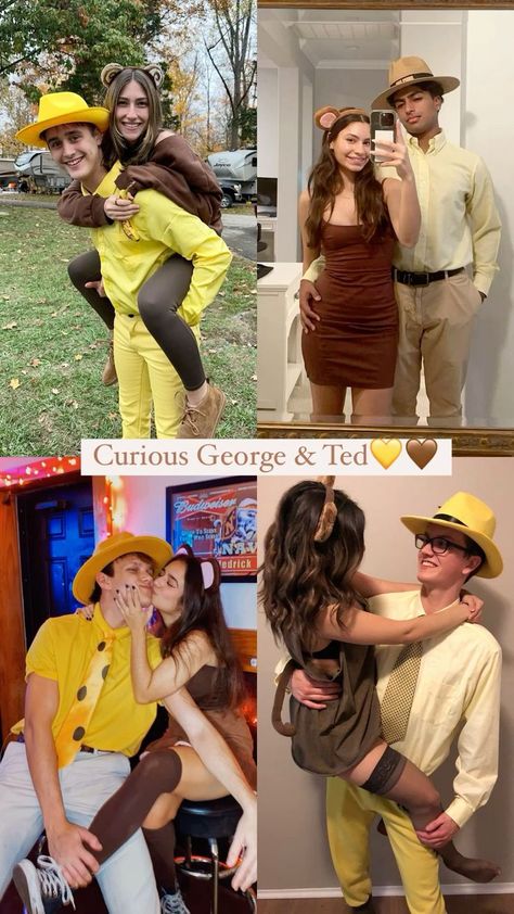 Group and family Halloween costumes bring creativity and unity to the spooky season. Ideas include classic movie themes like Harry Potter and Ghostbusters, superheroes like Avengers and Justice League, TV shows like Stranger Things and The Simpsons, fairy tales like Wizard of Oz. #couplehalloweencostumes #coupleshalloweencostumeideas #costume #halloween #halloweencostumeideas #bestfriendhalloweencostumes Curious George Duo Costume, Curious George And Yellow Hat Costume, Adorable Couple Costumes, Curious Gorge Couple Costumes, Curious George Costume Women, Couple Costume Ideas 2024, Diy Classic Halloween Costumes, Classic Couples Halloween Costumes, Curios George Costume Halloween Couples