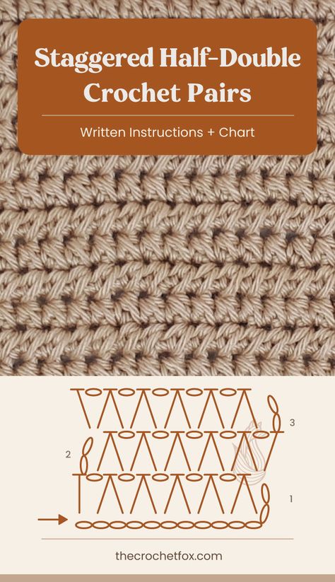 Learn how to crochet the Staggered Half-Double Pairs crochet pattern with this easy to follow beginner crochet stitch tutorial that includes both written and charted instructions.| More easy crochet stitch patterns at thecrochetfox.com Up And Down Crochet Stitch, Half Double Crochet Stitch Variations, Hdc Stitch Variations, Half Double Crochet Variations, Simple Crochet Patterns, Crochet Stitch Patterns, Crochet Stitch Pattern, Crochet Chain Stitch, Crochet Stitch Tutorial