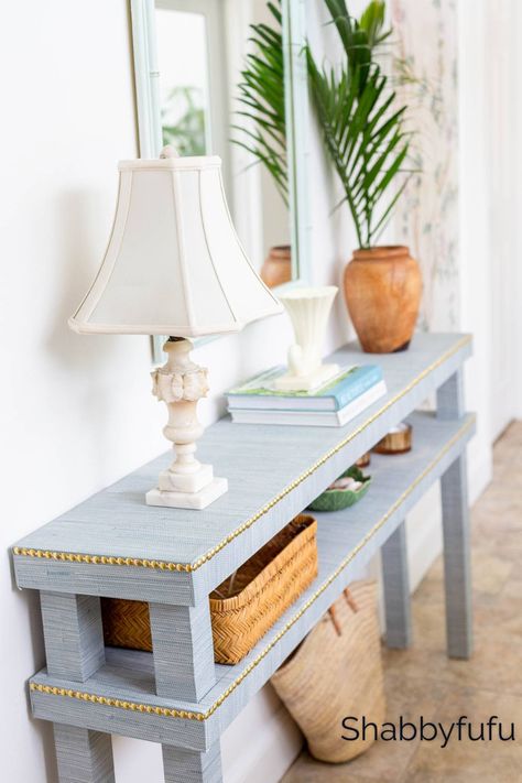 Diy Grasscloth Console Table, Grass Cloth Console Table, Funky Console Table, Blue Entry Table, Grasscloth Console Table, Chinoiserie Wall Panels, Diy Entry Table, Furniture Build, Diy Furniture Building