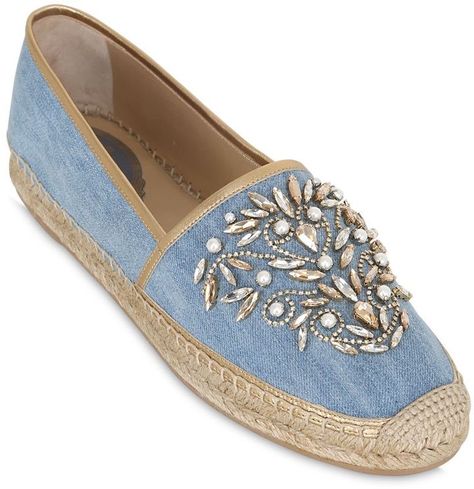 Blue Flat Shoes, Blue Shoes Flats, Rene Caovilla Shoes, Denim Espadrilles, Blue Espadrilles, Denim Flats, Beaded Shoes, Espadrilles Shoes, Flat Pumps