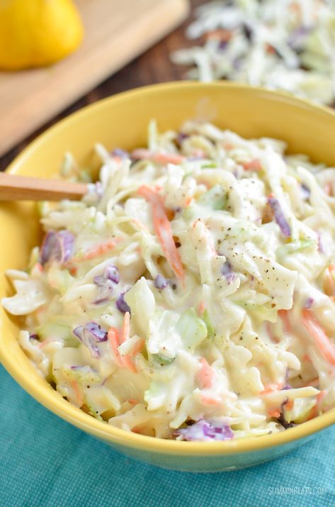 Low Syn Creamy Lighter Coleslaw | Slimming Eats Salad Vegetarian, Friendship Bread, Bbq Pork Ribs, Sauces Recipes, Homemade Coleslaw, Creamy Coleslaw, Pork Rib Recipes, Weight Watchers Smart Points, Light Bites