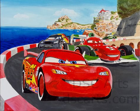 Disney Cars Painting Canvas, Lightning Mcqueen Painting Canvas, Mcqueen Painting, Cars Painting, Building Painting, Room Decor Wall Art, Room Decor Wall, Mini Drawings, Anime Canvas