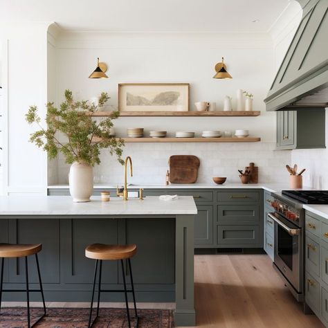 Rich Green Kitchen Cabinets, Green Kitchen Floating Shelves, House Moodboard, House Additions, Kitchen 2024, Green Kitchen Cabinets, House Dream, Cabinet Remodel, Iron Ore