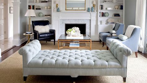 Use Backless Sofa for Less Space -  Tips to Decorate a Small Living Room Beautifully Backless Sofa, Living Room Bench Seating, Furnitur Ruang Keluarga, Living Room Furniture Layout, Couch Design, Tufted Bench, Classic Living Room, Living Room Bench, Small Room Design