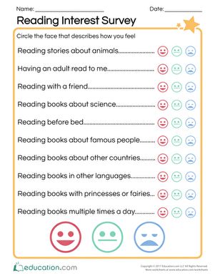 Use this worksheet to find out what your young learners like reading and writing about. Do they like animals? Princesses? Dragons? Have students complete this survey by reading the questions, then answering them by circling the face that best describes how they feel. Being able to use and interpret symbols and drawings is a crucial skill for preschoolers to master on their journey to becoming confident readers. #educationdotcom Reading Interest Inventory, Reading Inventory, Reading Interest Survey, Reading Survey, Interest Inventory, Interest Survey, Worksheets For Grade 1, Reading Response Journals, Student Survey