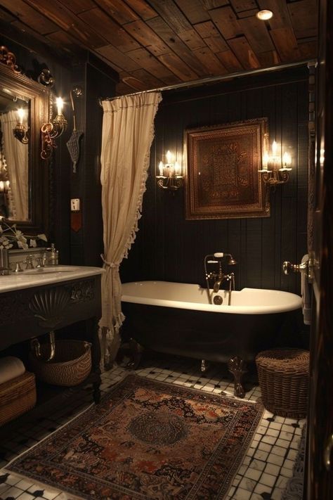 Dark Boho Bathroom Ideas, Moody Boho Bathroom, Dark Boho Bathroom, Dark Moody Bathroom, Dark Academia Bathroom, Chicago Townhouse, Goth Bathroom, Spooky Bathroom, Dark Bathroom