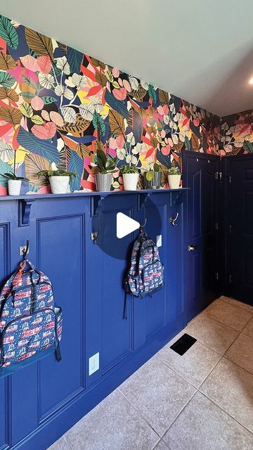 Weaber on Instagram: "Brat or Demure?   Bold colors or neutrals? What’s your style?  Christina chose bold wallpaper and bright blue paint to turn up the volume of this laundry room makeover!   She built the cabinets and the recessed paneled wall (complete with a plant shelf ). Suddenly, doing laundry has become a lot more fun!  Nah nah nah nah naaaah!  Spring 2024 Collaborator Christina  @glamfarmhouse   Beyond Paint in Navy on @amazon   #laundryroom #laundryroomdecor #diyhomeprojects #paneledwall #colorfulroom #weaberlumber #makeitweaber" Fun Laundry Room Colors, Fun Laundry Room, Bright Blue Paint, Bright Laundry Room, Laundry Room Colors, Beyond Paint, Turn Up The Volume, Plant Shelf, Bold Wallpaper