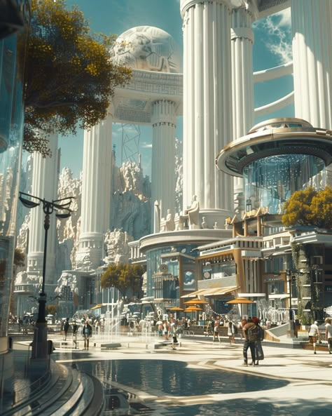 The promenade. A futuristic shopping district with elements from Ancient Greece . #futuristicarchitecture #futurecity #futurecities #futureworld #future #scifiarchitecture #scifiartwork #spacecity #spacearchitecture #scififantasy #scifiworld #scificity #scifi #architecture #urbandesign #midjourney #ai Greco Futurism, Modern Fantasy World, Scifi Architecture, Sci Fi World, Scifi Artwork, Sci Fi Building, Sci Fi Architecture, Future Buildings, Shopping District