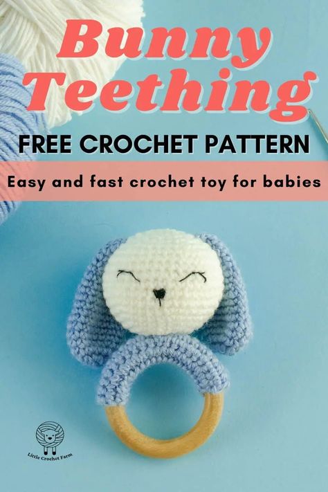 Bunny crochet teether free pattern Crochet Teethers, Crochet A Bunny, Teething Ring Pattern, Crochet Teether, Teether Pattern, Crochet Baby Rattle, Crochet Farm, Bunny Teether, Crochet Toys Free Patterns