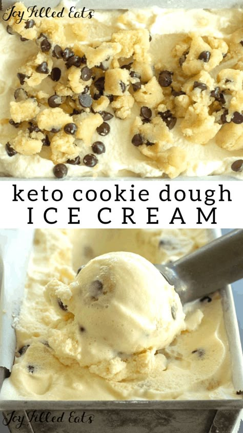 Keto Cookie Dough Ice Cream - Low Carb, Sugar-Free, THM S - Cool and creamy vanilla ice cream studded with chunks of raw chocolate chip cookie dough. This Keto Cookie Dough Ice Cream will be your dessert go to from the first bite. #lowcarb #lowcarbrecipes #lowcarbdiet #keto #ketorecipes #ketodiet #thm #trimhealthymama #glutenfree #grainfree #glutenfreerecipes #recipes #desserts #dessertrecipes #ketodessert #lowcarbdessert #sugarfree #icecream #chocolatechipcookiedough Low Carb Chocolate Chip Cookies, Chocolate Chip Cookie Dough Ice Cream, Keto Cookie Dough, Creamy Vanilla Ice Cream, Low Carb Ice Cream, Postre Keto, Cookie Dough Ice Cream, Keto Chocolate Chips, Keto Ice Cream