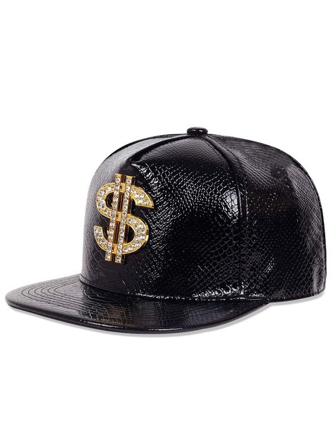 Black Casual Collar  PU Leather Animal Hip-Hop Cap Embellished  Spring/Fall Men Accessories Hip Hop Cap, Dollar Sign, Sign Decor, Men Hats, Black Casual, Spring And Fall, Python, Snake Skin, Pu Leather