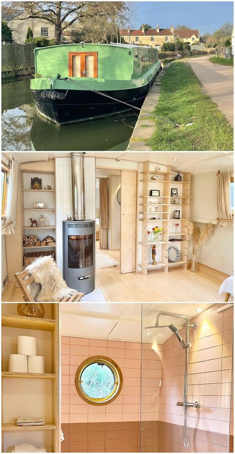 Step aboard 'Ophelia', a luxurious 60-foot wide-beam boat that boasts a Scandinavian-inspired interior including a large open layout kitchen and living room, a multi-tiered bedroom boasting a super king bed, and an enchanting bathroom adorned with pastel-colored tiles. #tinyhome Narrow Boat Interior Ideas, Houseboat Living Interiors, Barge Living, Enchanting Bathroom, Wood Boat Interior, House Boat Living, Boat Bathroom, Boat Bookcase, Barge Interior