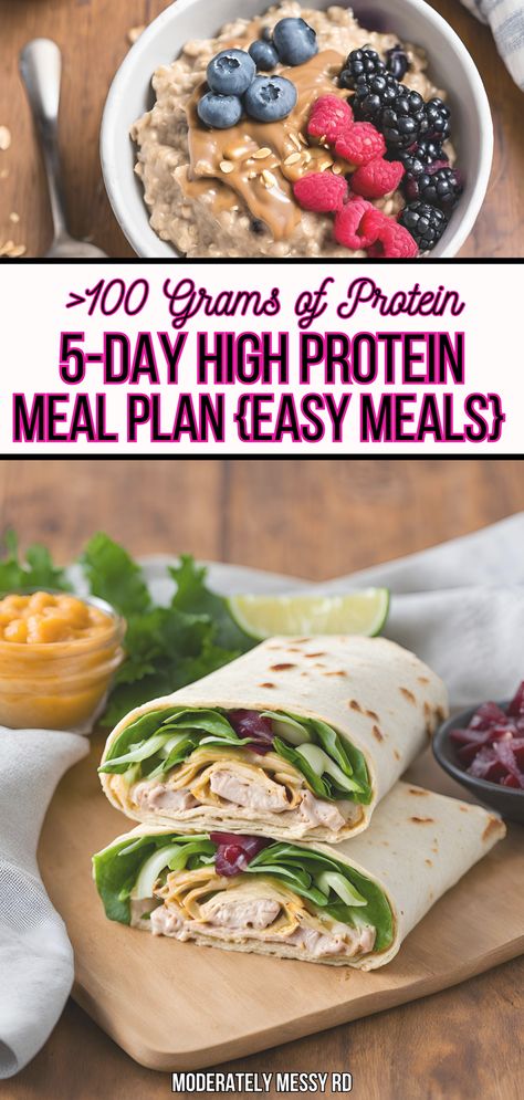 This is a sample 5-day high protein (>100 grams of protein per day) meal plan with quick, easy meals and snacks that requires very little cooking. This meal plan utilizes healthy convenience items + fresh ingredients to build well-balanced meals and help you reach an overall higher protein intake even if you don't have the time or energy to cook elaborate meals. Protein Rich Easy Meals, Easy Meals High In Protein, Protein Packed Meals Clean Eating, High Protein Menu Plan Diet Meals, Alternative Protein Sources, 3 Ingredient Macro Meals, Protein Daily Meal Plan, Meal Prep 1500 Calories A Day, Best Protein Meals For Women