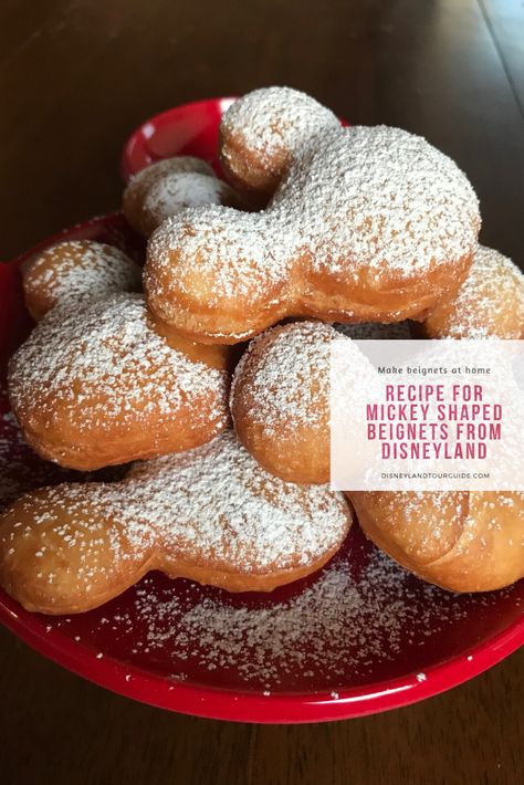 Mickey Mouse Beignets, Beignet Recipe Disney, Disney Beignets Recipe, Disneyland Cookie Recipe, Disney Beniegts Recipe, Disney Treats Recipes, Beignet Disney, Christmas Beignets, Disneyland Food Recipes