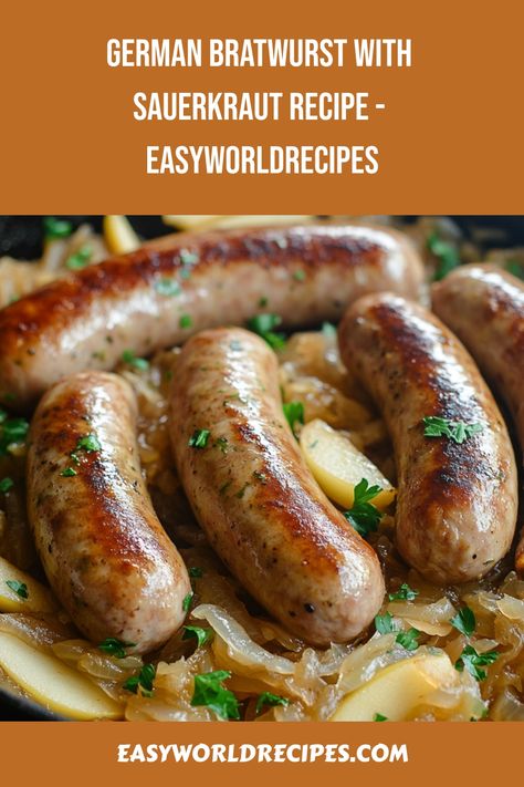 Bratwurst with Sauerkraut and Apples is a traditional German dish combining savory bratwurst sausages with tangy sauerkraut and sweet apples for a comforting, one-pan meal. Bratwurst Sauerkraut Recipes, Sauerkraut And Sausage Recipes, Bratwurst Appetizer Recipes, German Sour Kraut Recipes, Bratwurst And Sauerkraut Recipes, Bratwurst And Cabbage Recipes, Meals With Sauerkraut, German Bratwurst Recipes, Brats And Sauerkraut Crockpot