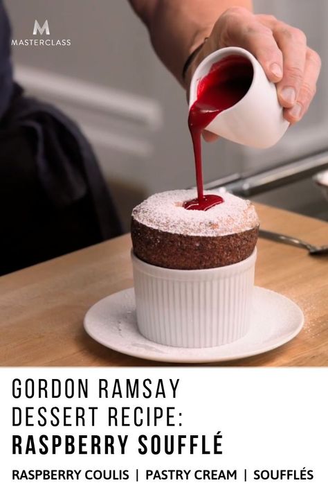 Learn one of Chef Gordon Ramsay's signature dessert recipes: the perfect raspberry souffl�, paired with a decadent cream. |  Masterclass.com  |  #masterclass #raspberrycoulisrecipe #homemadedesserts Raspberry Souffle, Souffle Recipes Easy, Gordon Ramsay Recipe, Souffle Recipes, Chef Gordon, French Desserts, Creative Desserts, Christmas Food Desserts, Fancy Desserts