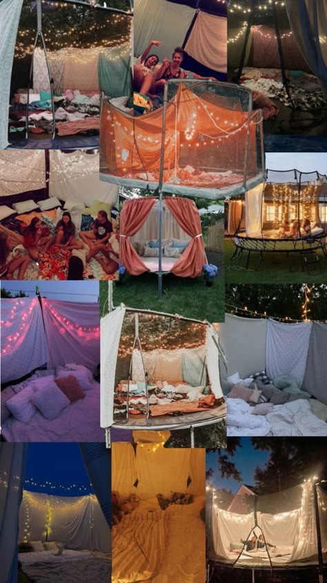 Sleepover Vibes, Sleepover Party Ideas, Trampoline Sleepover, Trampoline Tent, Fun Sleepover Games, Movie Night Birthday Party, Sleepover Birthday Parties, Camping Set Up, Backyard Movie Nights