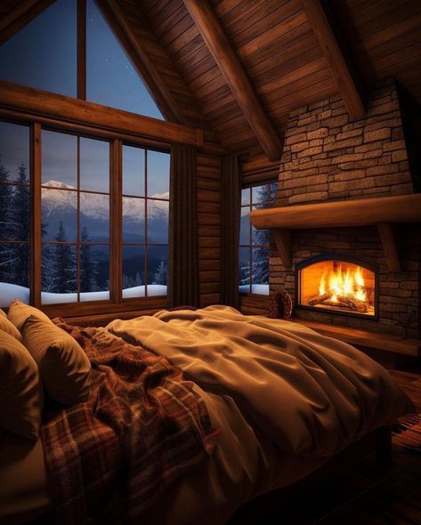 Cabin Room Ideas Bedrooms, Luxury Cabin Bedroom, Winter Cabin Interior, Cabin Room Ideas, Canadian Cabin, Moving Aesthetic, Log Cabin Bedroom, Bedroom With Fireplace, Retreat Cabin