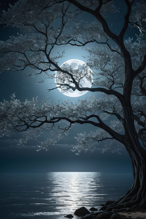 Tree And Moon Drawing, शुभ रात्री, Beautiful Moon Pictures, Art Homework, Iphone 6s Wallpaper, Night Scenes, Forest Moon, Cute Sketches, Moon Pictures