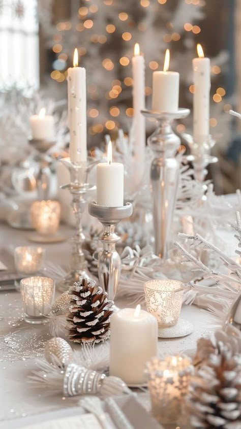 Snow Theme Wedding, Silver Christmas Wedding, Winter Wonderland Party Theme Decor Table Decorations, Winter White Tablescape, White Winter Wonderland Wedding, Winter Wonderland Party Theme Ideas, Winter Wonderland Baby Shower Ideas Centerpieces Table Decorations, Elegant Winter Party, Winter Wedding Design