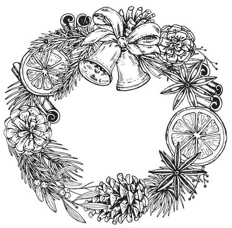 Christmas Wreaths Black And White, Black And White Christmas Drawings, Wreath Drawing Christmas, Christmas Drawings Ideas, Christmas Clipart Black And White, Happy New Year Art, New Year Drawing, Black Christmas Cards, Christmas Vector Illustration