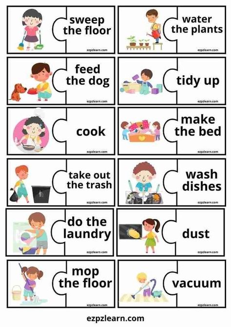 More fun with your teaching with Free Printable Puzzle Match English Game with topic Chores worksheets for ESL teachers using for kindergarten, preschool and so on you can either download or print directly from our website. English Materials Teaching, English Games For Kindergarten, Kindergarten Learning Activities Free Printable, English Games For Kids Teaching, English Games Teaching, How To Teach English To Kids, Vocabulary Activities For Kindergarten, English Activities For Kids Kindergarten, Learn English For Kids Teaching Ideas