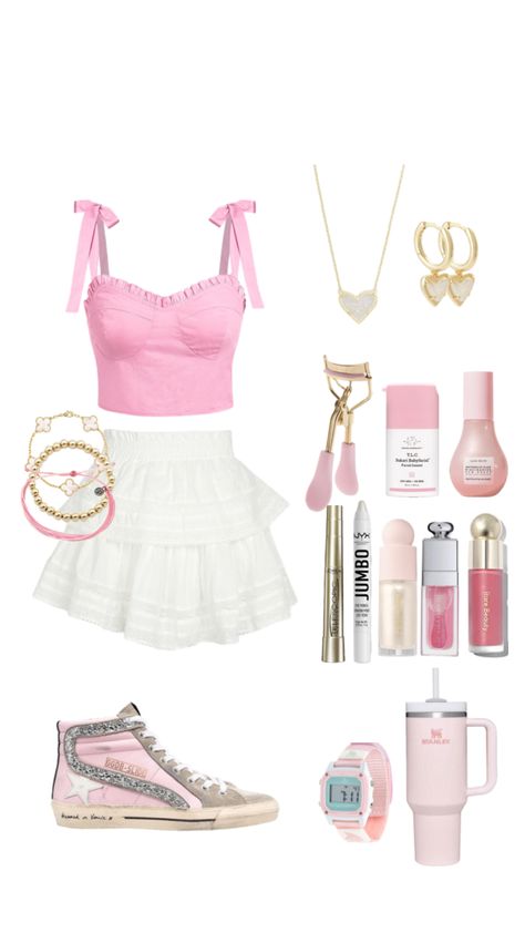 light pink preppy outfit!! #preppyoutfit #glowrecipe #drunkelephant #loveshackfancy #cute #slay #telescopic Pink Outfits Preppy, Cute Tops Preppy, Preppy Fancy Outfits, Pink Preppy Shirt, Preppy Outfits Pink, Preppy Birthday Outfits, Preppy Pink Lined Pleated Skirt, Pink Preppy Outfits, Pink Preppy Aesthetic