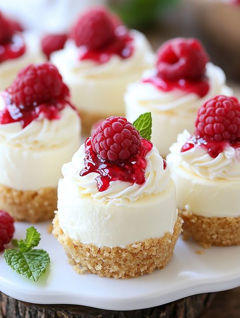 Mini Lemon Raspberry Cheesecakes 🍋   🍋 𝗜𝗻𝗴𝗿𝗲𝗱𝗶𝗲𝗻𝘁𝘀 🍋 12 ounces cream cheese, softened 1/2 cup powdered sugar Zest and juice of 1 lemon 1/4 cup heavy cream 12 graham cracker crusts 1 cup fresh raspberries Optional: fresh mint for garnish 🍋 Instructions 🍋 Prepare the crusts: If using store-bought graham cracker crusts, proceed to the next step. If making your own, crush graham crackers into fine crumbs. Combine with melted butter and press into the bottom of mini muffin tins. Baking Pictures, Mini Dessert Easy, Raspberry Cheesecakes, Baking Cupboard, Lemon Raspberry Cheesecake, Bad Cakes, Mini Cheesecake Recipes, Cheesecake Cups, Fresh Raspberries