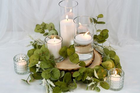 Candle and Wood Slice Centerpiece Rehearsal Decorations, Diy Small Wedding, Candlestick Centerpiece Wedding, Dollar Store Centerpiece, Wedding Centerpieces Diy Rustic, Wood Slice Centerpieces, Dollar Tree Vases, Wedding Centerpieces Mason Jars, Dollar Tree Wedding