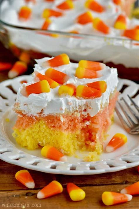 Dessert Lasagnas, Apple Poke Cake, Bunco Food, Candy Corn Cake, Corn Cake, Weight Watcher Desserts, Leftover Halloween Candy, Holiday Sweets, Halloween Dessert