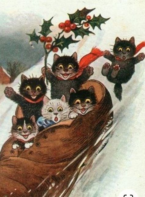 Black Cat Illustration, Louis Wain Cats, Vintage Black Cat, Christmas Card Illustration, Louis Wain, Illustration Christmas, Christmas Postcards, Vintage Christmas Images, Image Chat