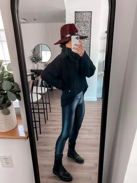 Fall outfit idea, black sweater and boots with this gorgeous burgundy hat Burgundy Fedora Hat Outfit Fall, Maroon Hat Outfit Fall, Burgundy Hat Outfit Winter, Brown Fedora Hat Outfit Fall, Maroon Hat Outfit, Burgundy Fedora Hat Outfit, Brown Fedora Hat Outfit, Black Wide Brim Hat Outfit, Burgundy Hat Outfit