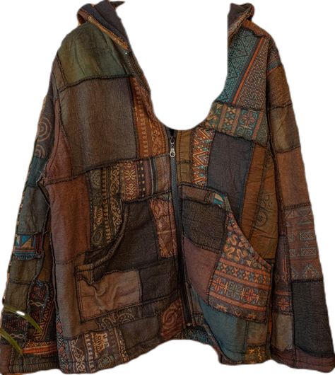 "Stunning patchwork jacket made with 100% recycled cotton outer, and 100% recycled fleece inner. Thick and cozy! Hooded with a zipper and outer pockets. Each is one-of-a-kind and will not be the exact jacket in the photos, but will be very close in color!   Fits XS-XXL Bust- 48\" Waist- 47\" Length - 29\"" Hippie Mens Outfits, Whimsigoth Jacket, Hippy Outfits, Grunge Jacket, Hippie Hoodie, Silly Clothes, Patchwork Clothes, Color Fits, Earthy Outfits