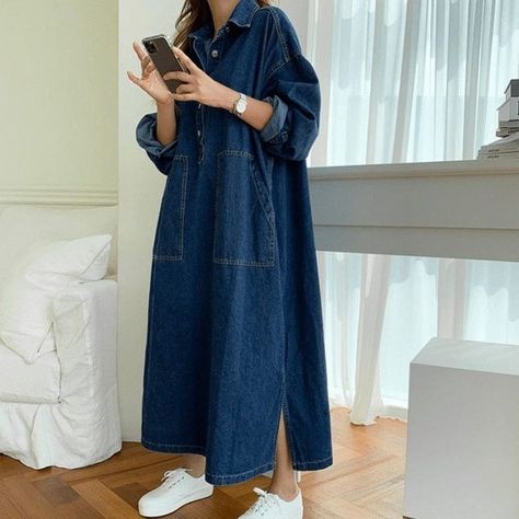 Long Denim Shirt, Casual Denim Shirt, Womens Denim Dress, Mode Abaya, Midi Denim, Long Sleeve Denim Shirt, Autumn Casual, Denim Shirt Dress, Outerwear Outfit