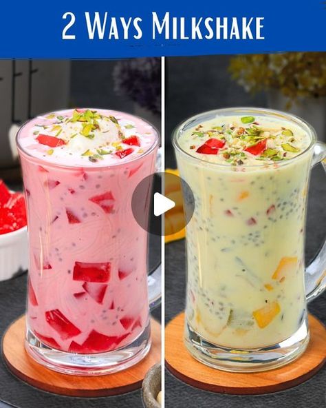 Reshu Drolia on Instagram: "2 Ways Milkshakes 😋 jise bache aur bade sabhi is summer mein pasand karenge ....
Comment ACHI BANI HAI..

Ingredients:
•	1 Liter of milk
•	2-3 tablespoons of custard powder

For Fruit Milkshake:
•	Prepare custard milkshake
•	1/3 cup powdered sugar
•	2-3 tbsp sabja seeds
•	2 tbsp Chopped mango
•	4-5 pc Chopped banana
•	1 tbsp green grapes
•	1 tbsp Black grapes
•	1 tbsp Pomegranate

For Garnish:
•	Chopped nuts
•	Strawberry jelly

For Rose Milkshake:
•	Prepared custard milkshake
•	3-4 tbsp vermicelli
•	2-3 tbsp Sabja seeds
•	Rose syrup
•	90 grams of strawberry jelly powder
•	500 ml of hot water

For Garnish:
•	Vanilla ice cream
•	Strawberry jelly

#milkshakes #refreshing #summerdrinks  #recipes #reels #ReelsIndia" Custard Milkshake, Sabja Seeds, Fruit Milkshake, Rose Syrup, Strawberry Jelly, Mint Recipes, Custard Powder, Black Grapes, Green Grapes