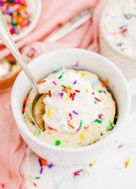 The Easiest Funfetti Mug Cake | Table for Two White Mug Cake, Moist Chocolate Mug Cake, Funfetti Mug Cake, Dessert In A Mug, Cake In A Cup, Chocolate Chip Mug Cake, Easy Mug Cake, Chip Mug, Vanilla Mug Cakes