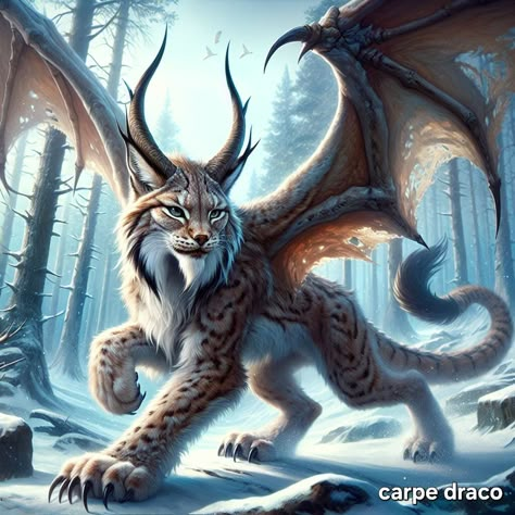 Mythical Winter Creatures, Amphiptere Art, Fantasy Cat Creature, Magic Animals, Fantasy Animals, Cat Dragon, Fantasy Animals Magical Creatures, Mythical Creature, Dragon Horse