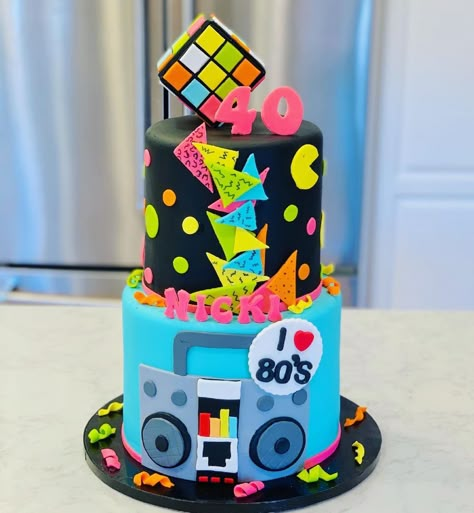 80 Theme Birthday Cake, 80s Birthday Party Food Ideas, 80s Themed Birthday Party Ideas For Adults, 80s Party Cake, 80s Food Party, 80s Cake Ideas Simple, 80s Theme 40th Birthday Party, 80s Theme Cake, 80s Theme Birthday Party