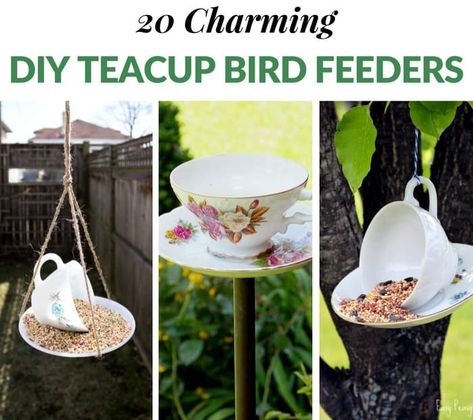 Teacup Bird Feeders, Teacup Bird Feeder Diy, Teacup Bird Feeder, Teapot Birdhouse, Floating Tea Cup, Crafts Spring, Glass Bird Feeders, Recycled Home Decor, Tea Cup Bird Feeder