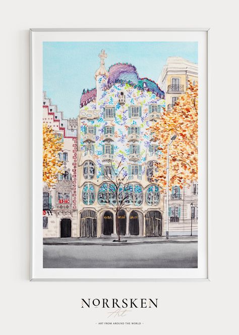 Barcelona Travel Poster, Barcelona Art, Barcelona Print, Spain Print, Spain Art, Casa Batlló, City Illustration, Aesthetic Painting, Trendy Wall Art