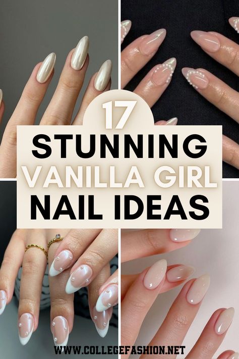 vanilla girl nails Dainty Nails Almond, Vanilla Nails Design, Clean Girl Nail Ideas, Vanilla Girl Aesthetic Nails, Vanilla Girl Nail Ideas, Acrylic Almond French Tip, French Vanilla Nails, Acrylics Almond Shape, French Tip Almond Shape Nails