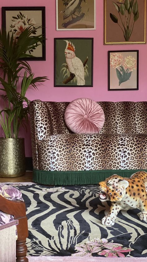 Eclectic Glam Decor, Leopard Bedroom, Wendy Morrison, Animal Print Decor, Maximalist Interior, Printed Sofa, Hand Tufted Rug, Pink Lotus, Pink Room