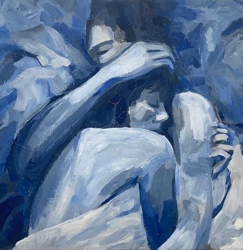 Longing For Something Unknown, Blue Artwork Paintings, Dark Blue Painting Aesthetic, Interlinked Drawing, Hug Painting Couple, Hugging Painting, Couple Hugging Drawing, Cute Couple Paintings, Painting Inspo Acrylic