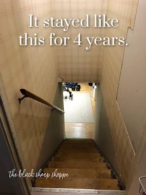 Basement stairwell in need of renovation. Basement Stair Entryway Ideas, Cellar Stairway Ideas, Middle Stairs Design, Basement Stairs Entrance, Opening Up Basement Staircase Wall, Small Basement Stairs, Wall Treatments Stairwell, Hallway To Basement Ideas, Back Door Entry With Basement Stairs